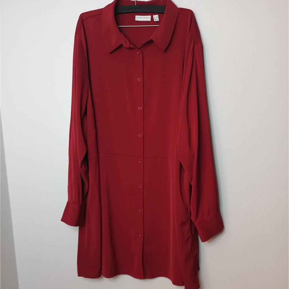 Susan Graver Tunic Rich Red Long Sleeve Silky Flowy Button Down - Picture 8 of 8